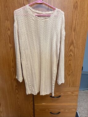 Cream Crochet Knit Long Sleeve Tunic Dress
